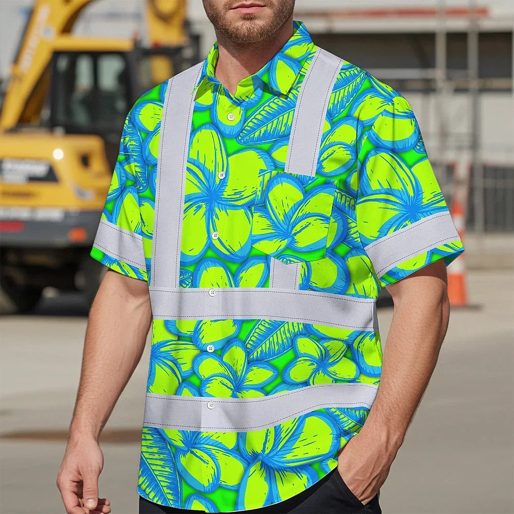 Hi Vis Hawaiian Shirt Reflective Tapes Green Neon Blue Plumeria Custom Name Safety Workwear For Workers, Truckers, Operators
