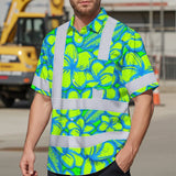 Hi Vis Hawaiian Shirt Reflective Tapes Green Neon Blue Plumeria Custom Name Safety Workwear For Workers, Truckers, Operators
