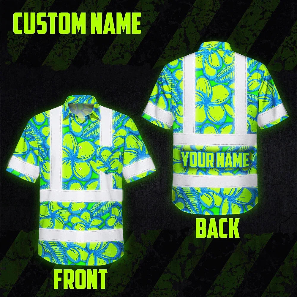 Hi Vis Hawaiian Shirt Reflective Tapes Green Neon Blue Plumeria Custom Name Safety Workwear For Workers, Truckers, Operators