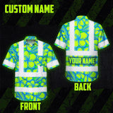 Hi Vis Hawaiian Shirt Reflective Tapes Green Neon Blue Plumeria Custom Name Safety Workwear For Workers, Truckers, Operators
