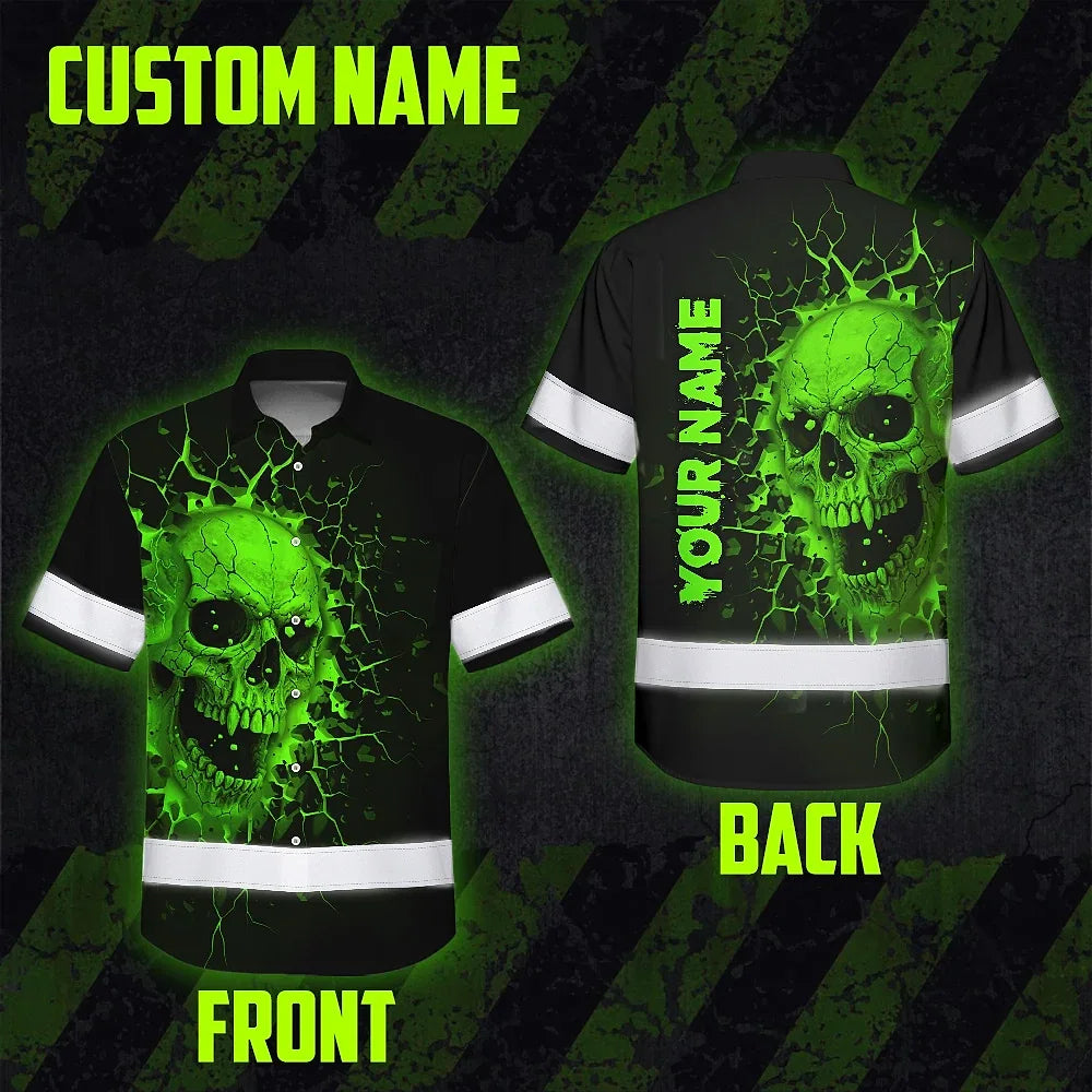 Hi Vis Hawaiian Shirt Reflective Tapes Green Neon Break Skull Custom Name Safety Workwear For Workers, Truckers, Operators