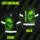 Hi Vis Hawaiian Shirt Reflective Tapes Green Neon Break Skull Custom Name Safety Workwear For Workers, Truckers, Operators