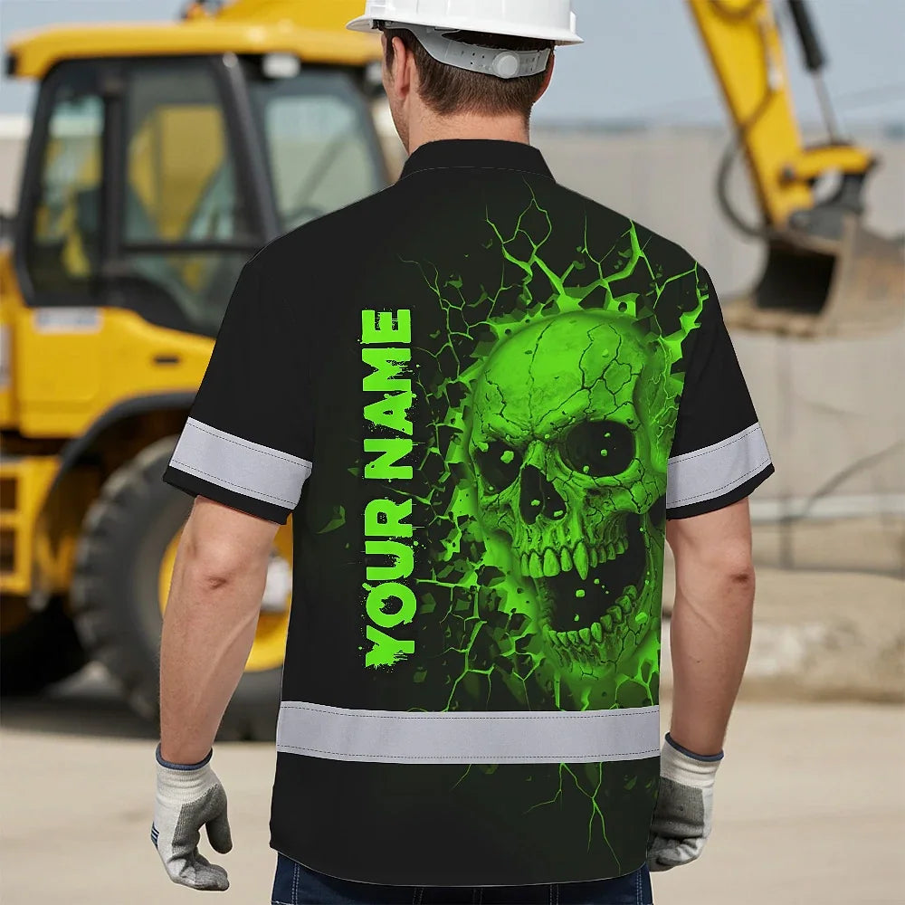 Hi Vis Hawaiian Shirt Reflective Tapes Green Neon Break Skull Custom Name Safety Workwear For Workers, Truckers, Operators