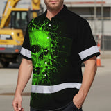 Hi Vis Hawaiian Shirt Reflective Tapes Green Neon Break Skull Custom Name Safety Workwear For Workers, Truckers, Operators