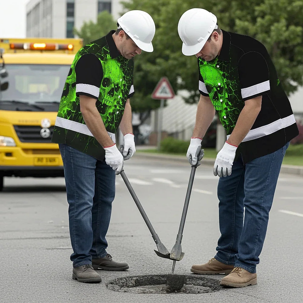 Hi Vis Hawaiian Shirt Reflective Tapes Green Neon Break Skull Custom Name Safety Workwear For Workers, Truckers, Operators