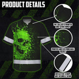 Hi Vis Hawaiian Shirt Reflective Tapes Green Neon Break Skull Custom Name Safety Workwear For Workers, Truckers, Operators