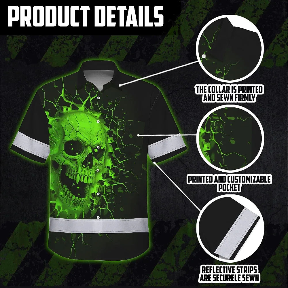 Hi Vis Hawaiian Shirt Reflective Tapes Green Neon Break Skull Custom Name Safety Workwear For Workers, Truckers, Operators