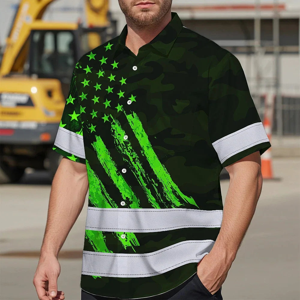 Hi Vis Hawaiian Shirt Reflective Tapes Green Neon Camo US Flag Custom