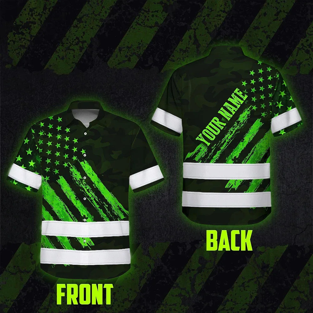 Hi Vis Hawaiian Shirt Reflective Tapes Green Neon Camo US Flag Custom