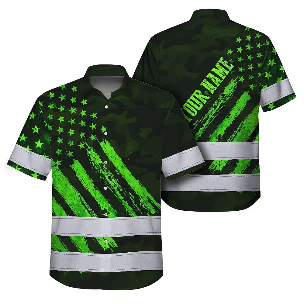 Hi Vis Hawaiian Shirt Reflective Tapes Green Neon Camo US Flag Custom