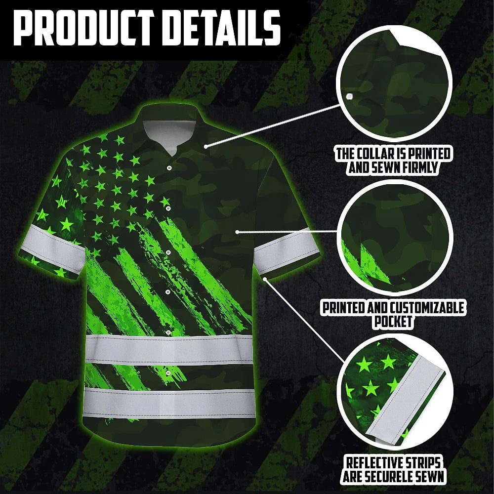 Hi Vis Hawaiian Shirt Reflective Tapes Green Neon Camo US Flag Custom