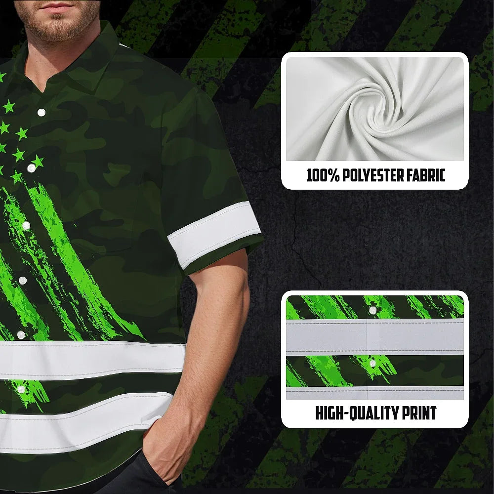 Hi Vis Hawaiian Shirt Reflective Tapes Green Neon Camo US Flag Custom