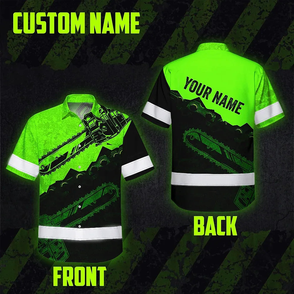 Hi Vis Hawaiian Shirt Reflective Tapes Green Neon Chainsaw Logger Custom