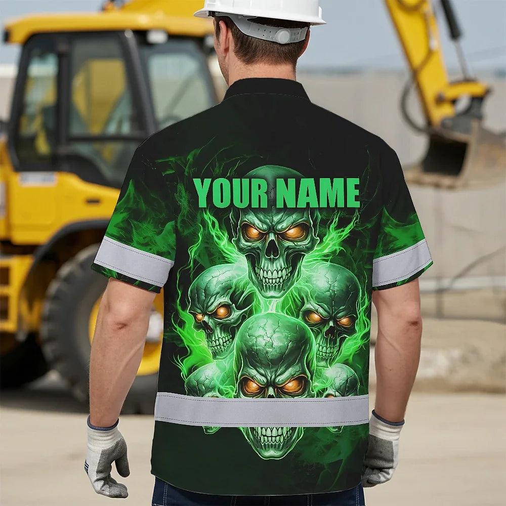 Hi Vis Hawaiian Shirt Reflective Tapes Green Neon Fire Skull Custom Name Safety Workwear For Workers, Truckers, Operators
