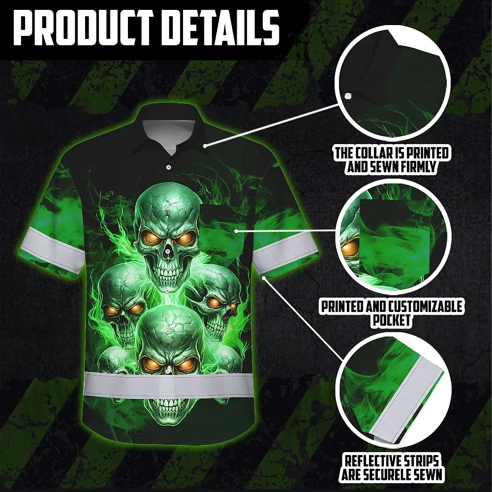 Hi Vis Hawaiian Shirt Reflective Tapes Green Neon Fire Skull Custom Name Safety Workwear For Workers, Truckers, Operators