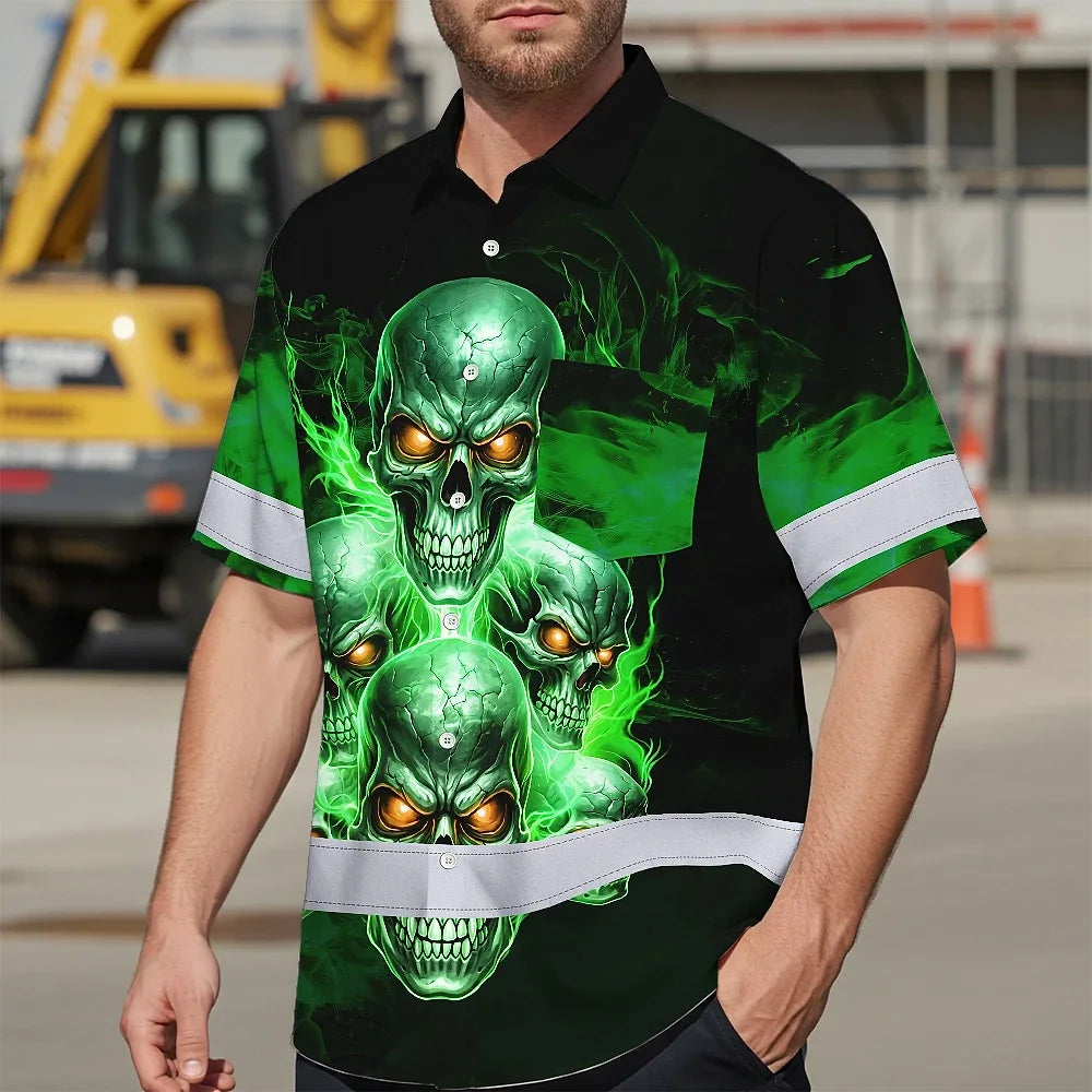 Hi Vis Hawaiian Shirt Reflective Tapes Green Neon Fire Skull Custom Name Safety Workwear For Workers, Truckers, Operators