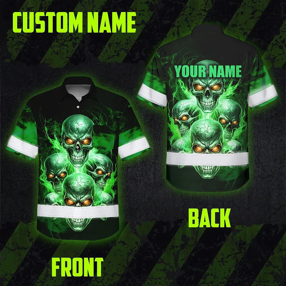 Hi Vis Hawaiian Shirt Reflective Tapes Green Neon Fire Skull Custom Name Safety Workwear For Workers, Truckers, Operators