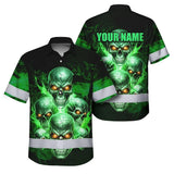 Hi Vis Hawaiian Shirt Reflective Tapes Green Neon Fire Skull Custom Name Safety Workwear For Workers, Truckers, Operators