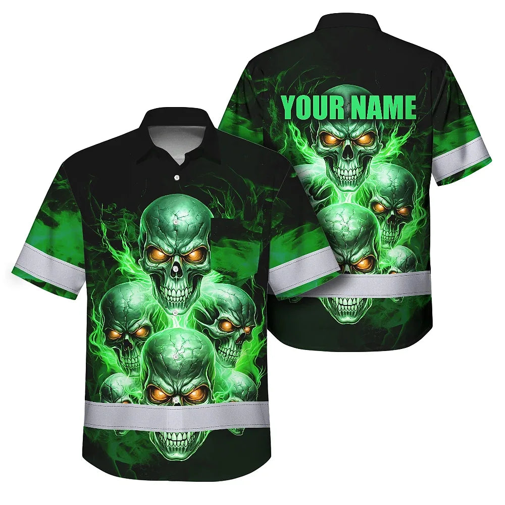 Hi Vis Hawaiian Shirt Reflective Tapes Green Neon Fire Skull Custom Name Safety Workwear For Workers, Truckers, Operators