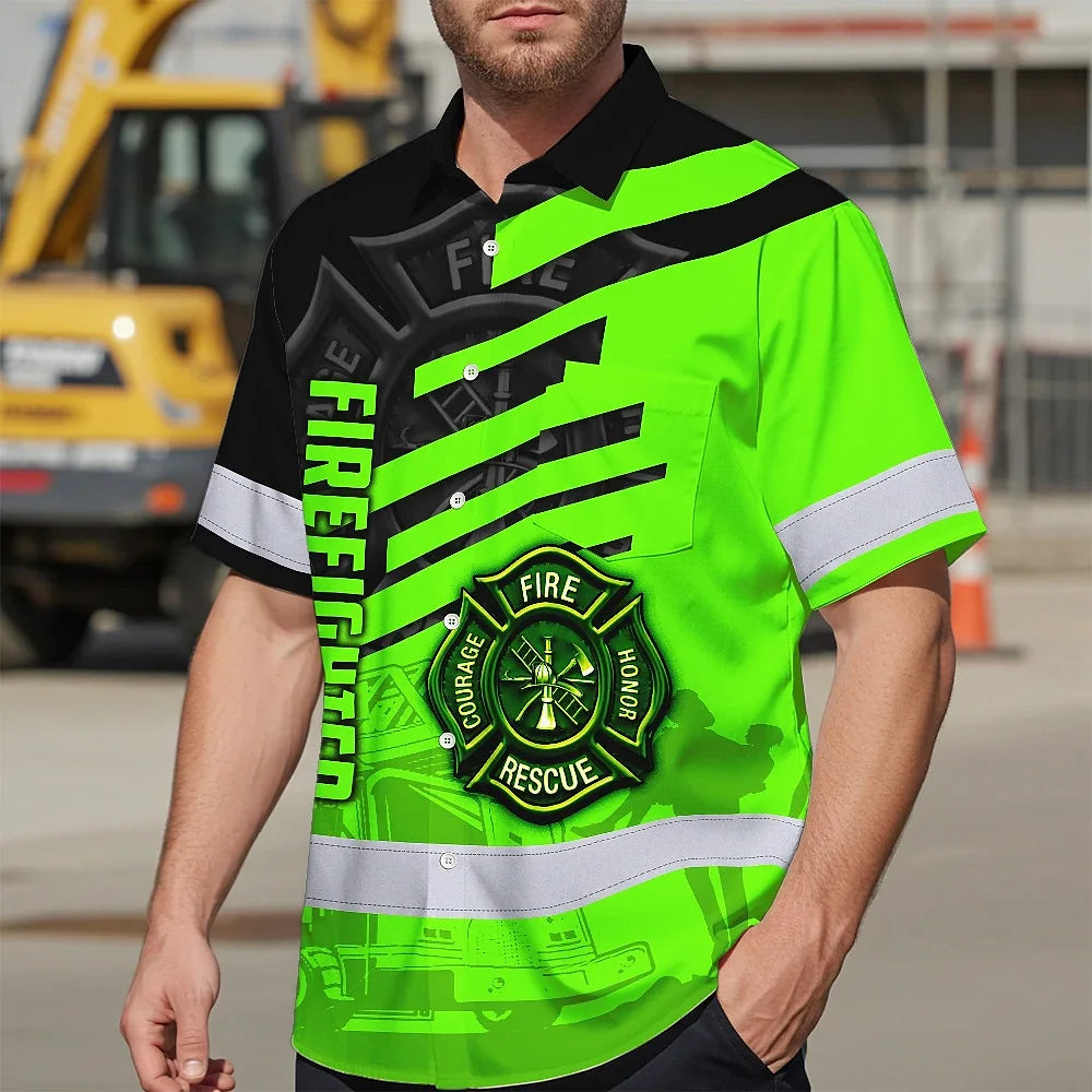 Hi Vis Hawaiian Shirt Reflective Tapes Green Neon Firefighter Custom Name Safety