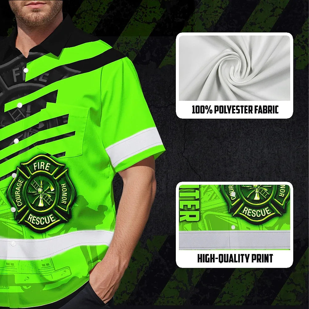 Hi Vis Hawaiian Shirt Reflective Tapes Green Neon Firefighter Custom Name Safety