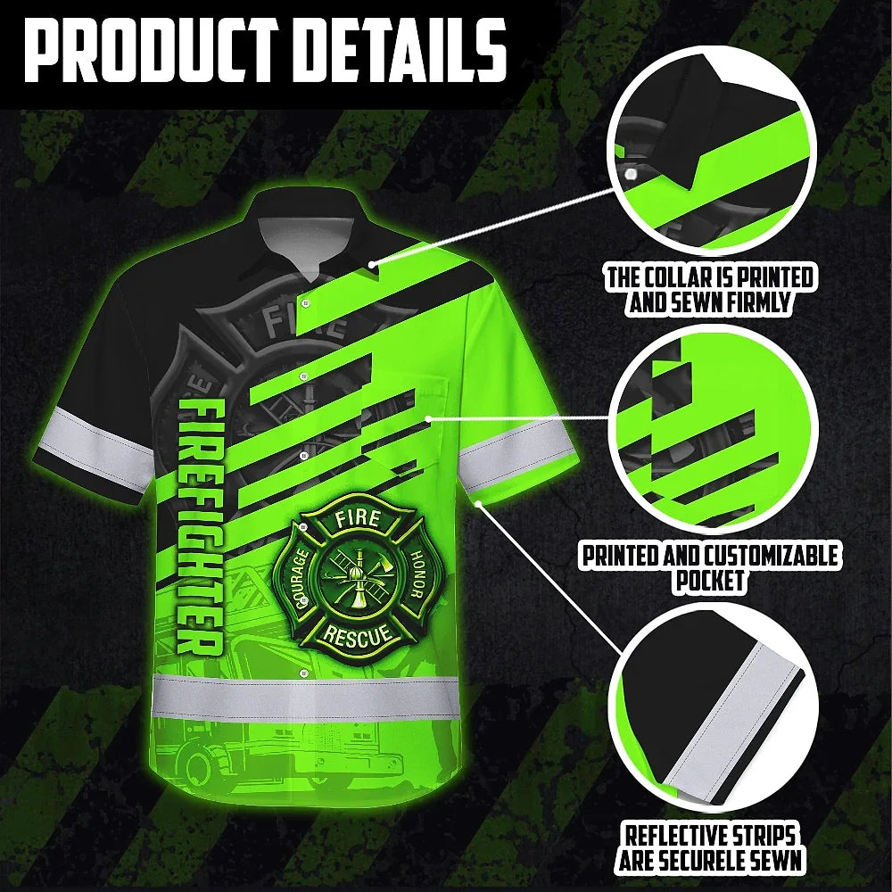 Hi Vis Hawaiian Shirt Reflective Tapes Green Neon Firefighter Custom Name Safety