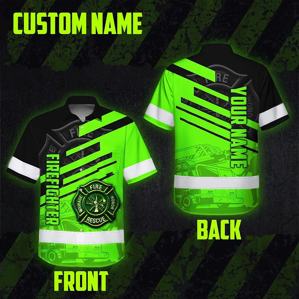 Hi Vis Hawaiian Shirt Reflective Tapes Green Neon Firefighter Custom Name Safety