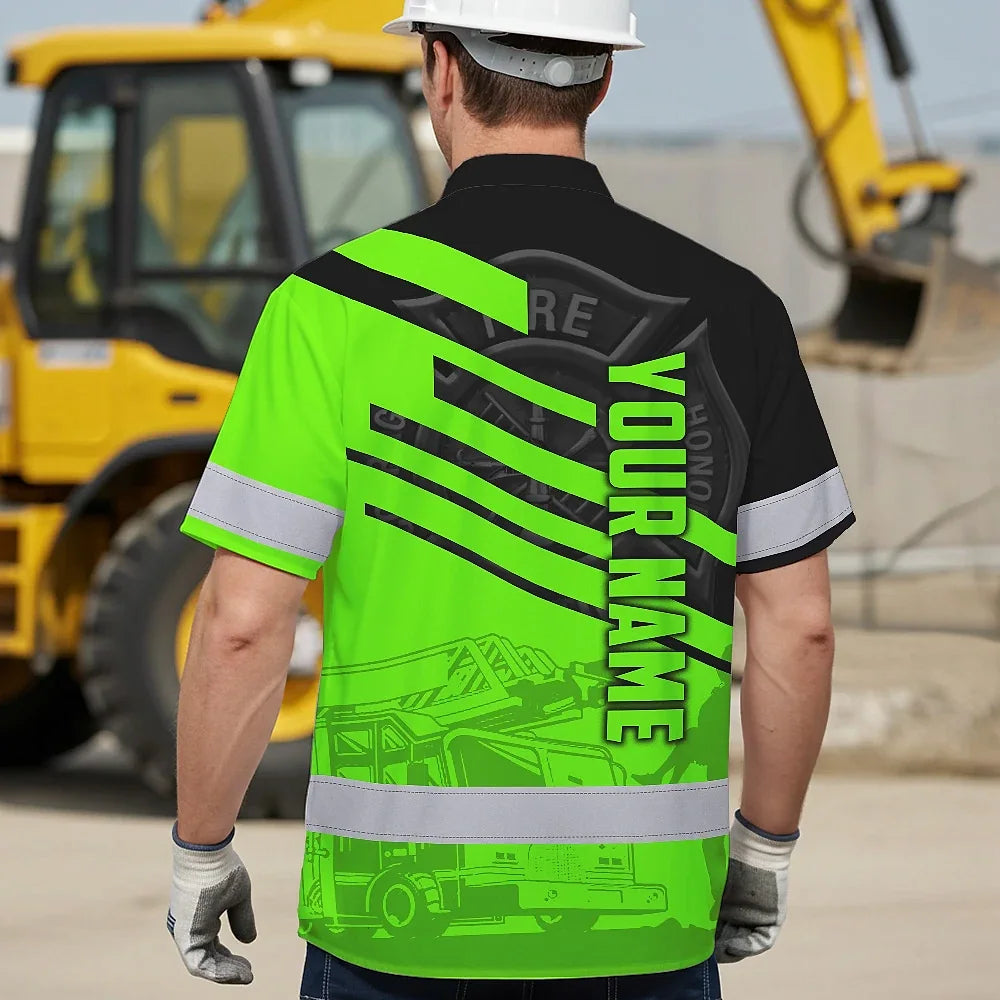 Hi Vis Hawaiian Shirt Reflective Tapes Green Neon Firefighter Custom Name Safety