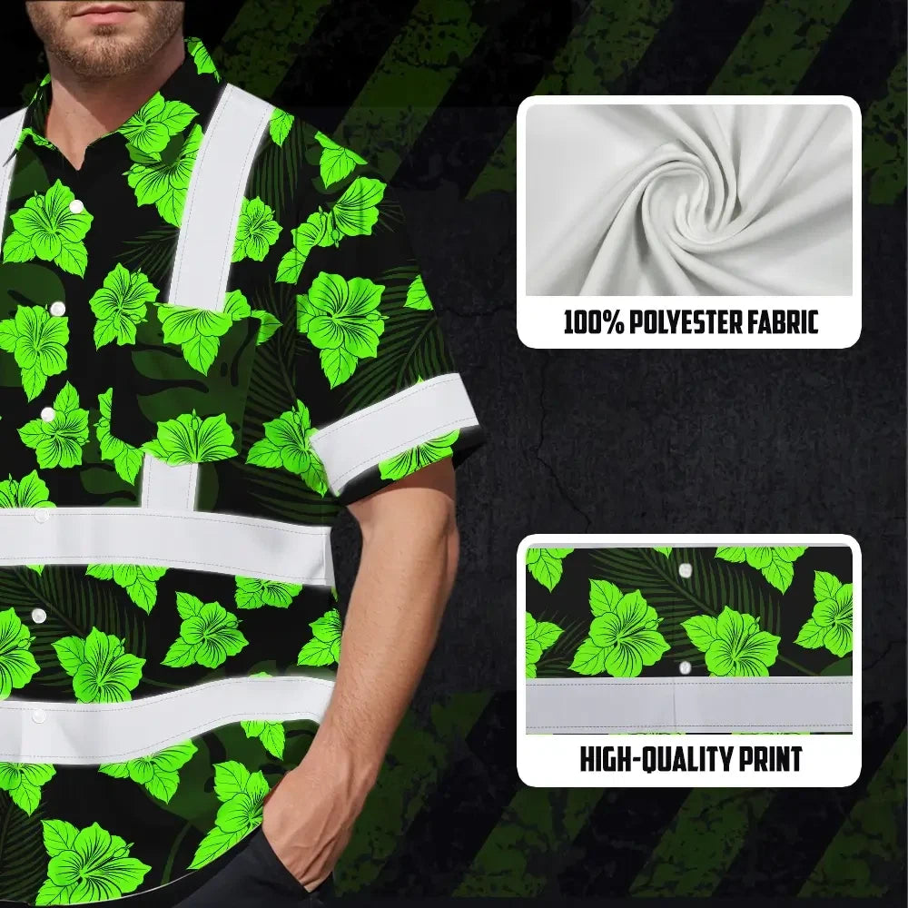 Hi Vis Hawaiian Shirt Reflective Tapes Green Neon Flowers 3 Custom Name