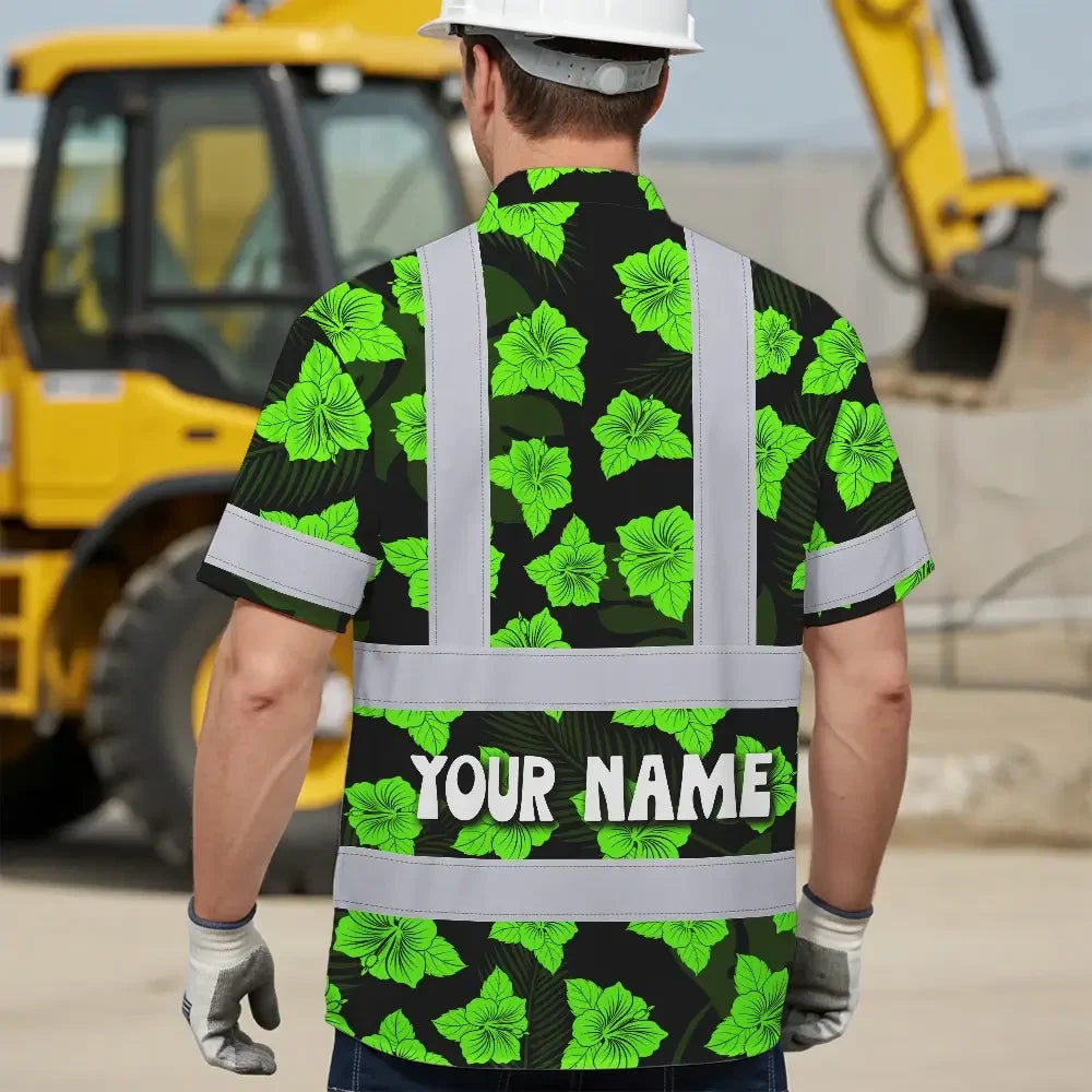 Hi Vis Hawaiian Shirt Reflective Tapes Green Neon Flowers 3 Custom Name