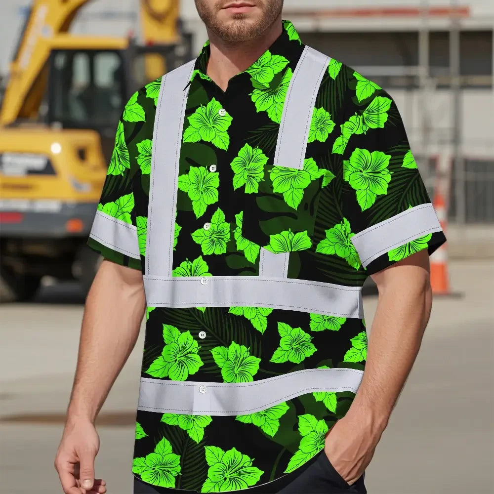 Hi Vis Hawaiian Shirt Reflective Tapes Green Neon Flowers 3 Custom Name