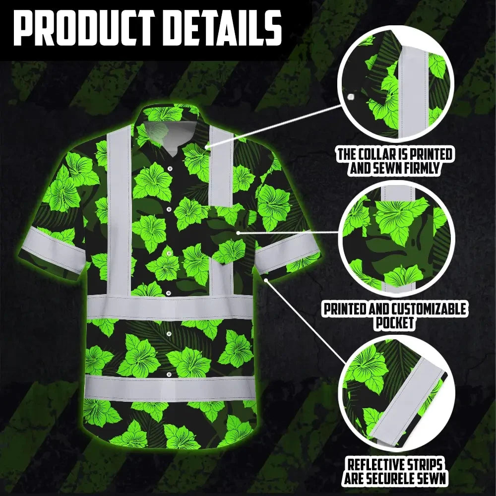 Hi Vis Hawaiian Shirt Reflective Tapes Green Neon Flowers 3 Custom Name