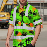Hi Vis Hawaiian Shirt Reflective Tapes Green Neon Flowers Custom Name Safety Workwear For Truckers, Operators
