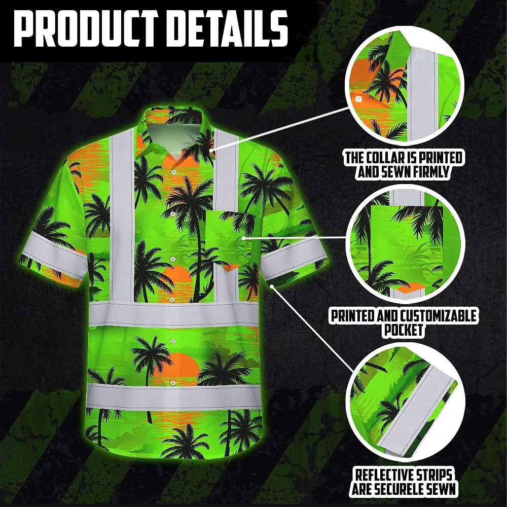 Hi Vis Hawaiian Shirt Reflective Tapes Green Neon Flowers Custom Name Safety Workwear For Truckers, Operators