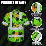 Hi Vis Hawaiian Shirt Reflective Tapes Green Neon Flowers Custom Name Safety Workwear For Truckers, Operators