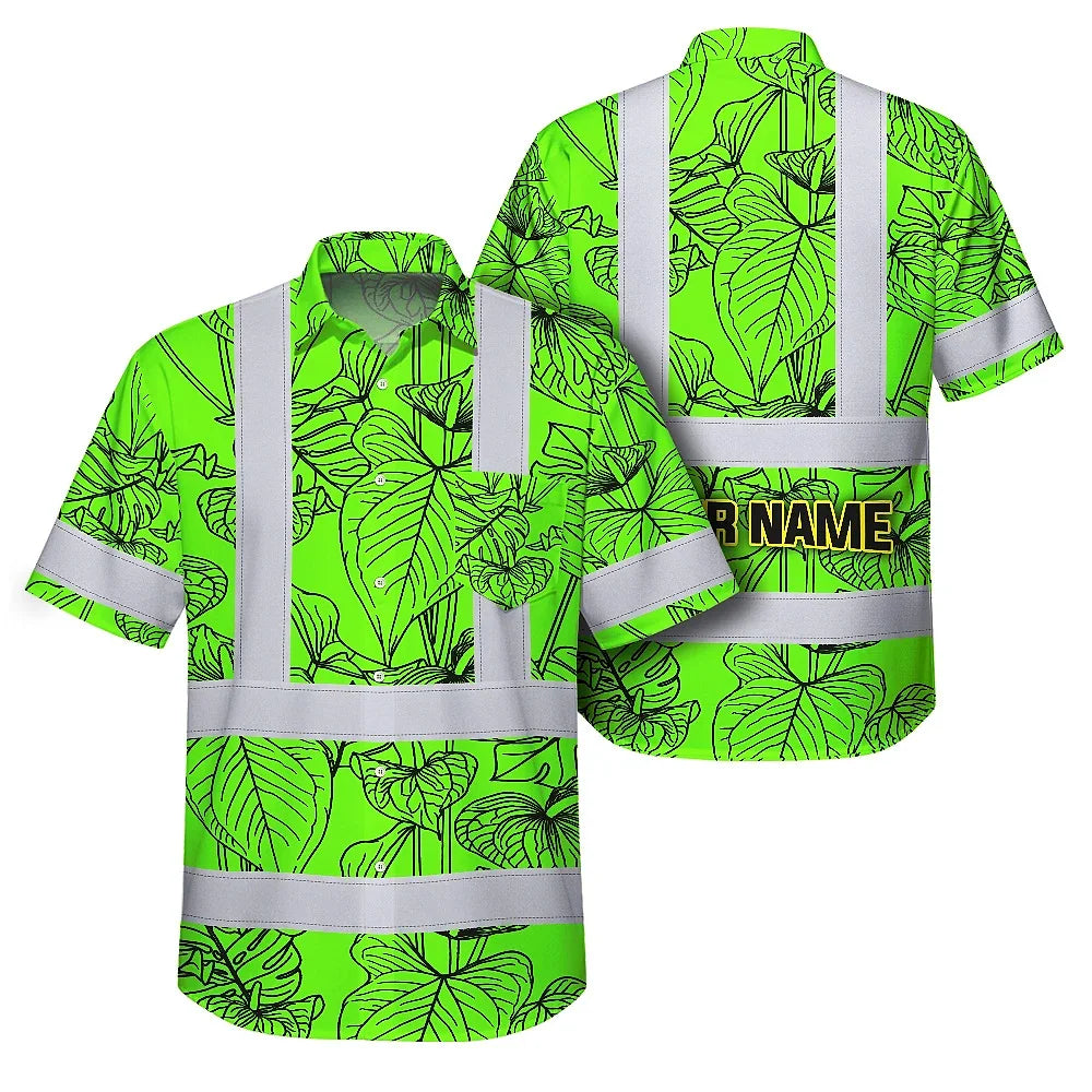 Hi Vis Hawaiian Shirt Reflective Tapes Green Neon Flowers Custom Name Safety Workwear For Workers, Truckers, Operators