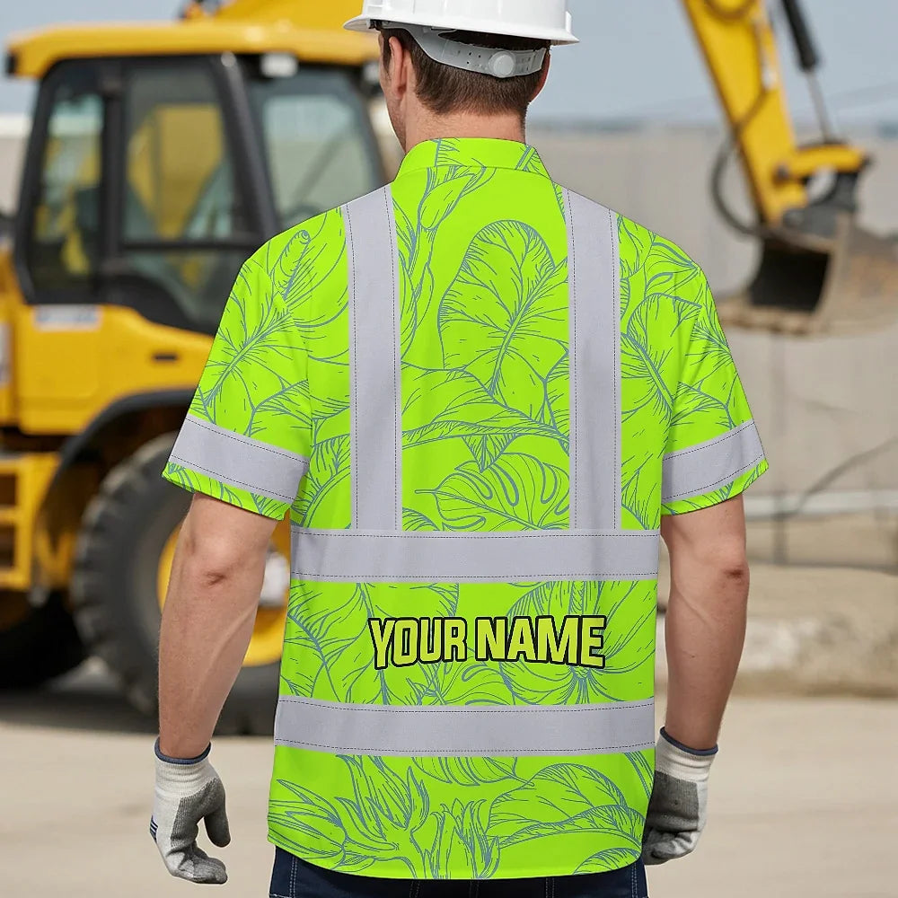 Hi Vis Hawaiian Shirt Reflective Tapes Green Neon Flowers Custom Name Safety Workwear For Workers, Truckers, Operators