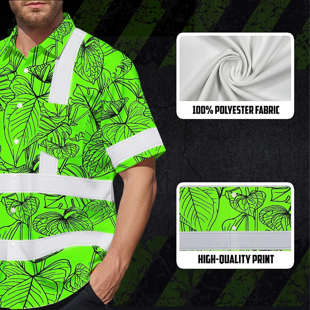 Hi Vis Hawaiian Shirt Reflective Tapes Green Neon Flowers Custom Name Safety Workwear For Workers, Truckers, Operators