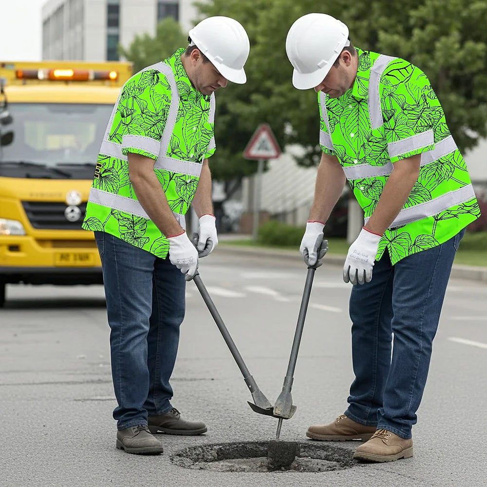 Hi Vis Hawaiian Shirt Reflective Tapes Green Neon Flowers Custom Name Safety Workwear For Workers, Truckers, Operators