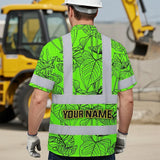 Hi Vis Hawaiian Shirt Reflective Tapes Green Neon Flowers Custom Name Safety Workwear For Workers, Truckers, Operators