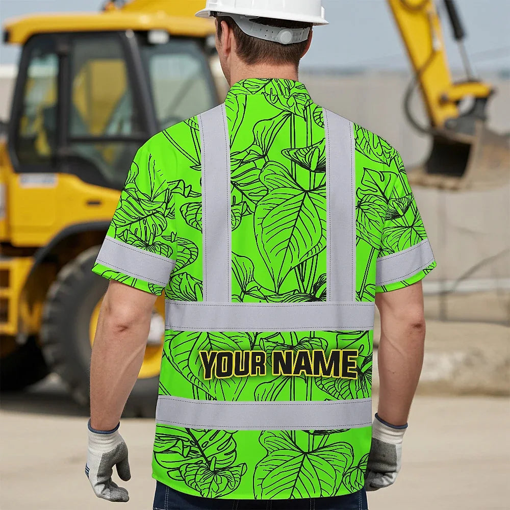 Hi Vis Hawaiian Shirt Reflective Tapes Green Neon Flowers Custom Name Safety Workwear For Workers, Truckers, Operators