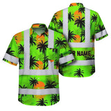 Hi Vis Hawaiian Shirt Reflective Tapes Green Neon Flowers Custom Name Safety Workwear For Truckers, Operators