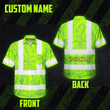 Hi Vis Hawaiian Shirt Reflective Tapes Green Neon Flowers Custom Name Safety Workwear For Workers, Truckers, Operators