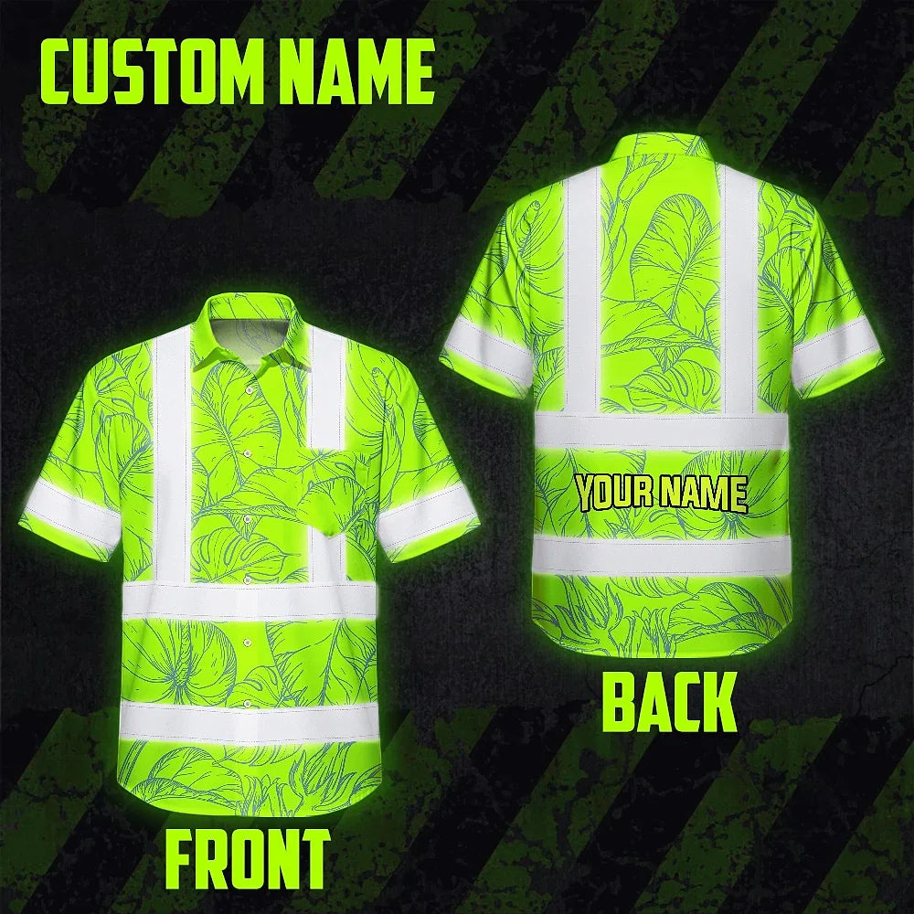 Hi Vis Hawaiian Shirt Reflective Tapes Green Neon Flowers Custom Name Safety Workwear For Workers, Truckers, Operators