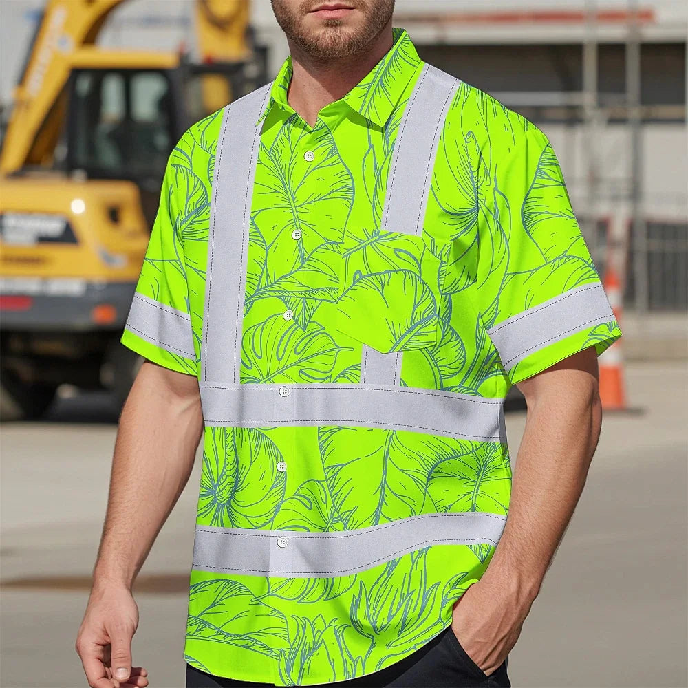 Hi Vis Hawaiian Shirt Reflective Tapes Green Neon Flowers Custom Name Safety Workwear For Workers, Truckers, Operators