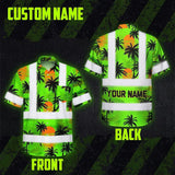 Hi Vis Hawaiian Shirt Reflective Tapes Green Neon Flowers Custom Name Safety Workwear For Truckers, Operators