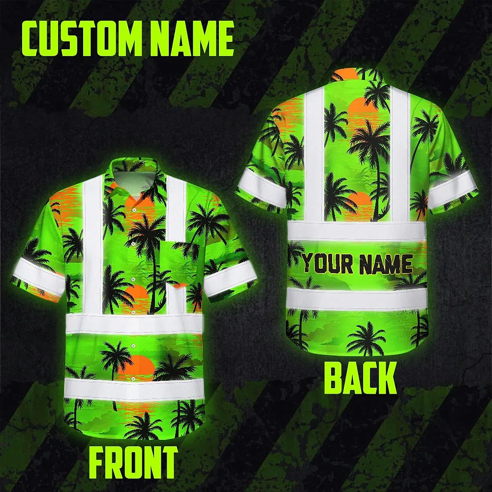 Hi Vis Hawaiian Shirt Reflective Tapes Green Neon Flowers Custom Name Safety Workwear For Truckers, Operators