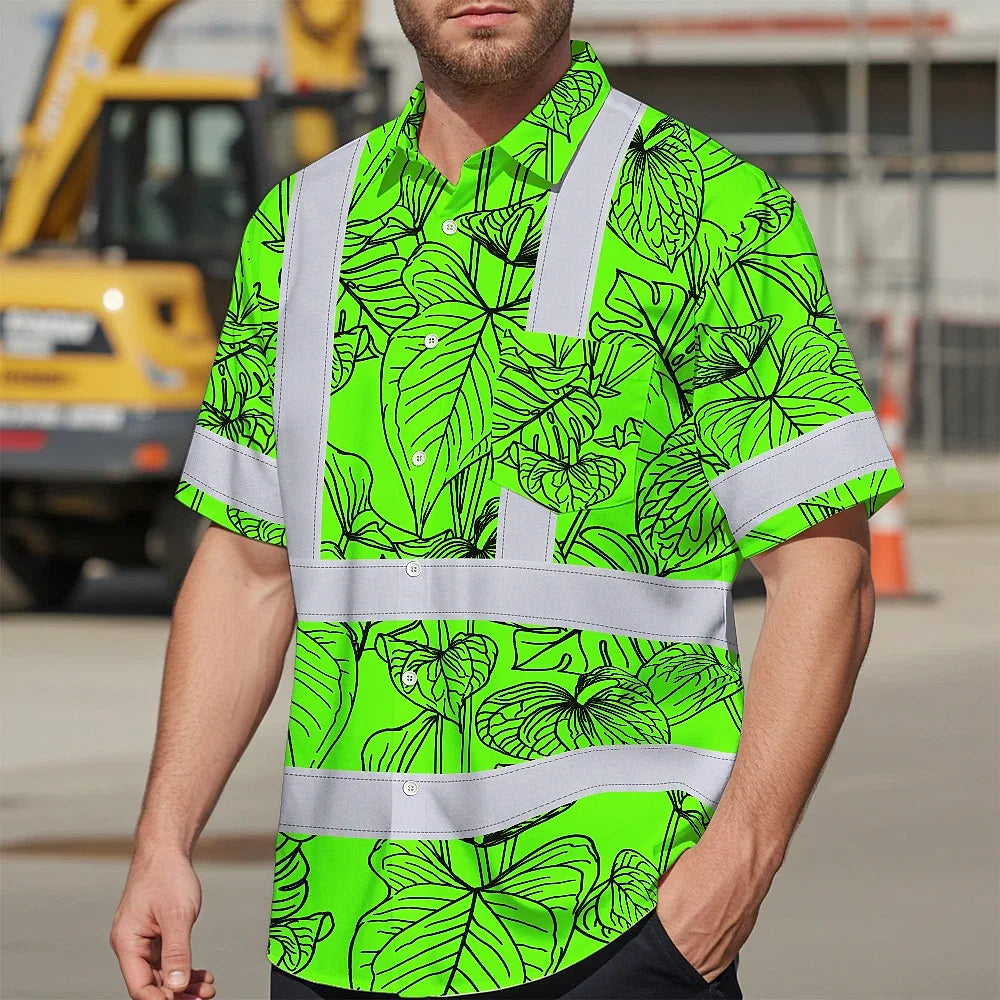 Hi Vis Hawaiian Shirt Reflective Tapes Green Neon Flowers Custom Name Safety Workwear For Workers, Truckers, Operators