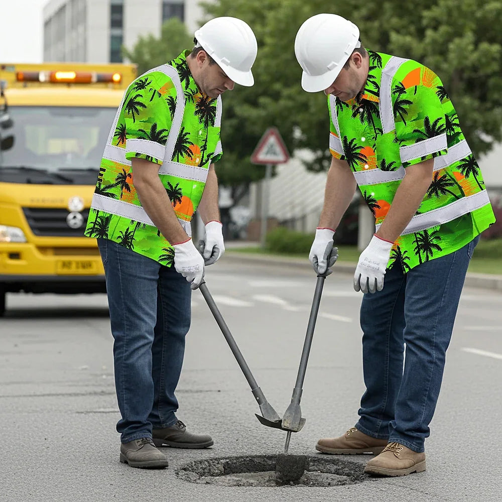 Hi Vis Hawaiian Shirt Reflective Tapes Green Neon Flowers Custom Name Safety Workwear For Truckers, Operators