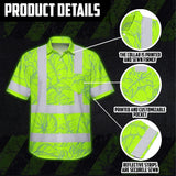 Hi Vis Hawaiian Shirt Reflective Tapes Green Neon Flowers Custom Name Safety Workwear For Workers, Truckers, Operators